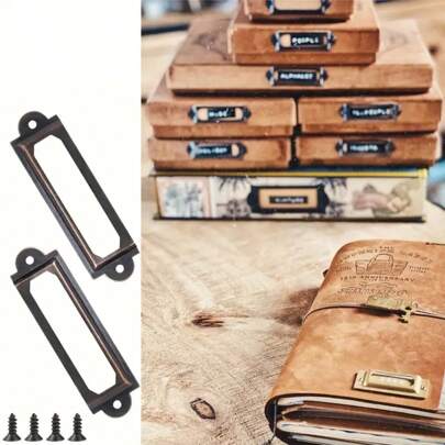 12pcs/Set Vintage Style Nameplate Frame Decoration Box, Antique Brass/Iron Drawer Handle Cabinet Hardware Accessories, Furniture Fittings Card Holder Decorative