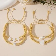 4 件装女士手链铜珠镀金珠 18K 金仿珍珠爱心星复活节装饰铜珠手链四件套时尚简约波西米亚风格设计手工编织手链可调节长度女士优雅手链金珠串珠女士手链适合日常佩戴适合折叠适合复活节礼物 - 彩色 - 查看 3
