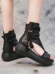 Sandalias Romanas Negras De Moda Para Mujeres Punta Abierta, Cómodas Y Antideslizantes. Tacón Inclinado Y Fondo Grueso. Ideales Para El Día A Día, Vacaciones Y Viajes - Negro - Ver 2