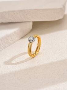 1pc Fashion Copper Alloy Dual-Tone Zirconia Stone Inlaid Ring, Suitable For Daily Wear, Party And Holiday Gift For Friends - Gold - View 2