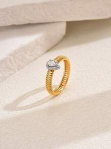 1pc Fashion Copper Alloy Dual-Tone Zirconia Stone Inlaid Ring, Suitable For Daily Wear, Party And Holiday Gift For Friends - Gold - View 3
