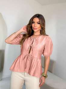 S2077 Plain Long Sleeve Blouse/Trend With Bows On The Front - Berwarna merah muda - View 1