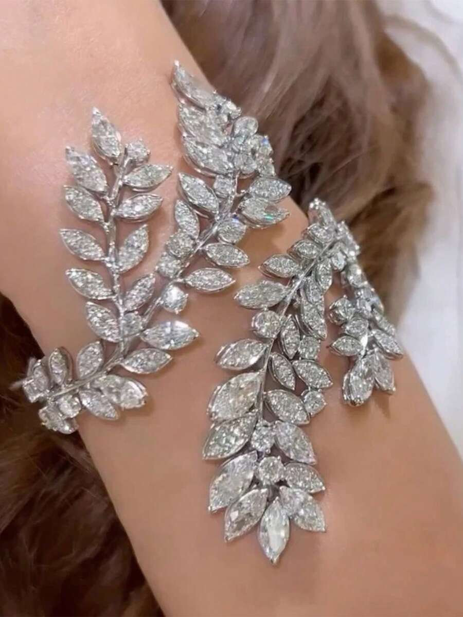1 chiếc vòng tay đính đá sang trọng hình lá, phụ kiện cưới tinh tế cho cô dâu - vòng đeo tay - Xem 1