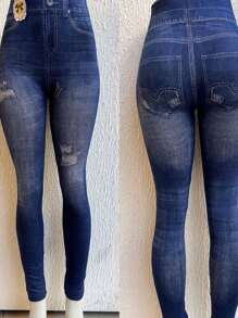 Fake Leggings Imitate Women's Jeans - 霧霾藍 - 查看 1