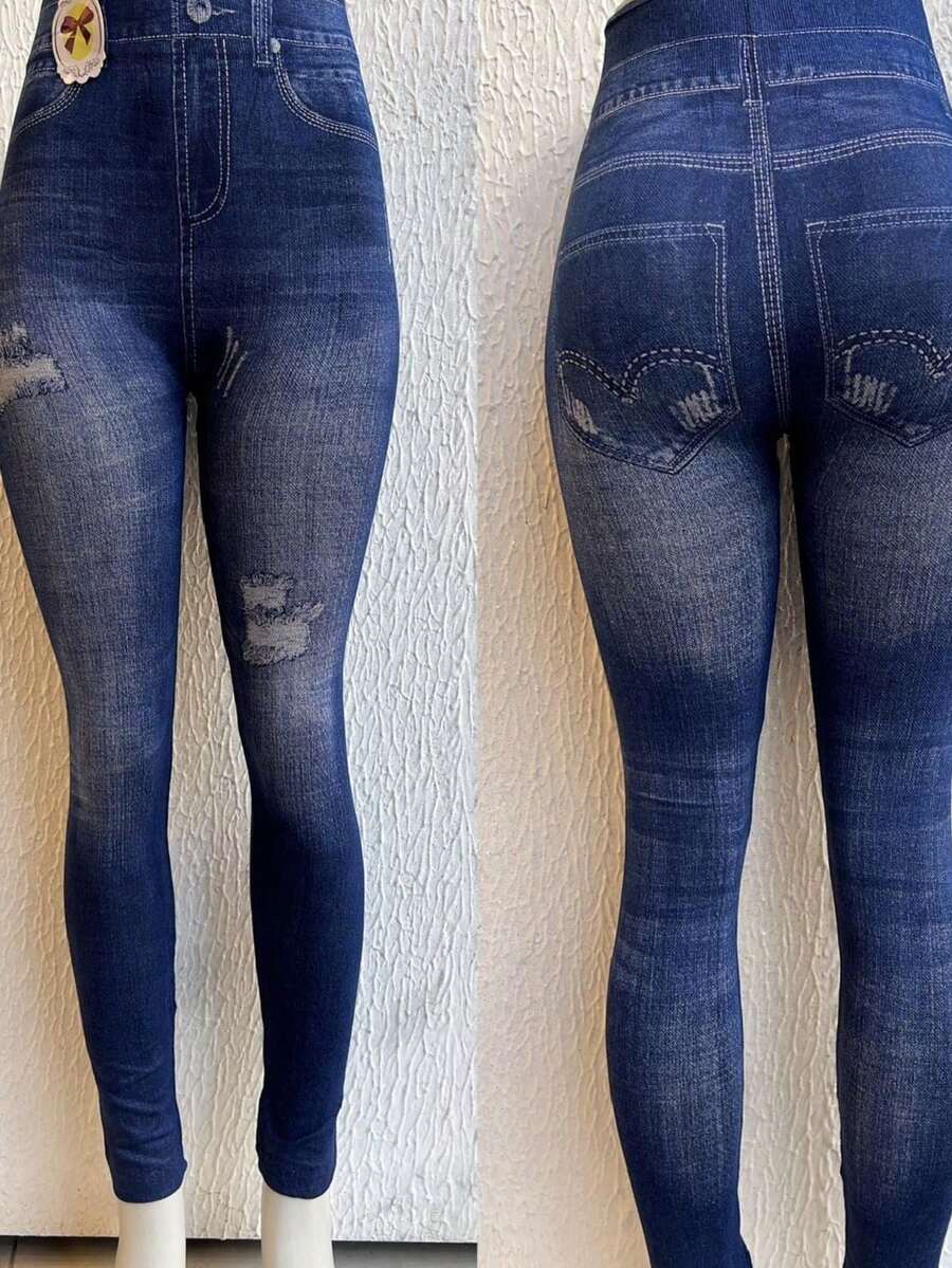 Fake Leggings Imitate Women's Jeans - 霧霾藍 - 查看 1