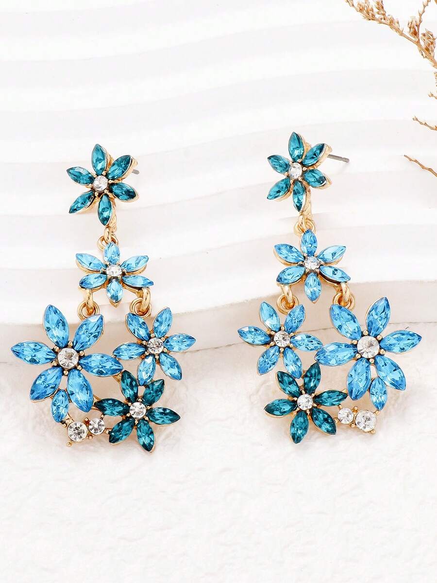 1 par de pendientes de cristal con flores, accesorios de joyería de estilo vacacional para mujeres - Azul - Ver 1