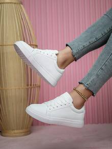 女士简约系带户外运动步行运动鞋，复古百搭时尚街头休闲低帮纯白鞋 - 白色 - 查看 9