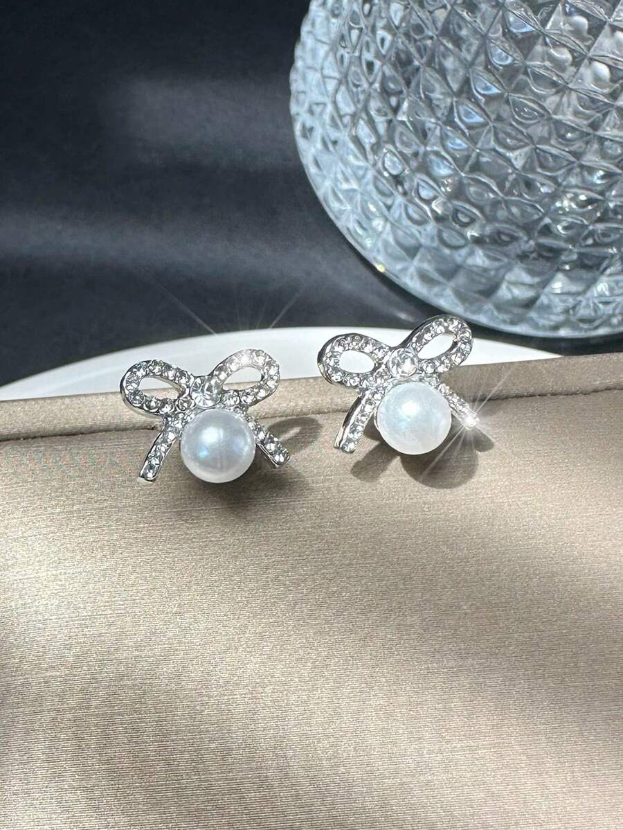 1 对简约珍珠和水钻蝴蝶结耳环，奢华情人节、妈妈、母亲、母亲节、礼物 - 銀色 - 查看 1