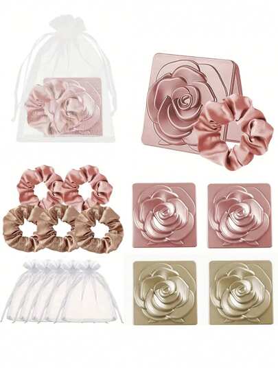 15pcs Rose Flower Makeup Mirror Set, Comes With 5pcs Flower Folding Mirror, 5pcs Satin Hair Band, 5pcs White Organza Bag, Bridal Shower Set, Wedding Souvenir Set, Pocket Makeup Mirror, Perfect For Wedding Gifts, Bachelorette Parties And Bridal Showers, Guest Souvenir Gifts, Party Favors