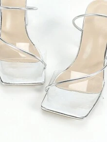 女士高跟拖鞋方头粗跟透明带性感高跟凉鞋柔软皮革迷人舒适高跟鞋 - 銀色 - 查看 5