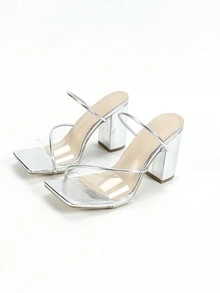 女士高跟拖鞋方头粗跟透明带性感高跟凉鞋柔软皮革迷人舒适高跟鞋 - 銀色 - 查看 6