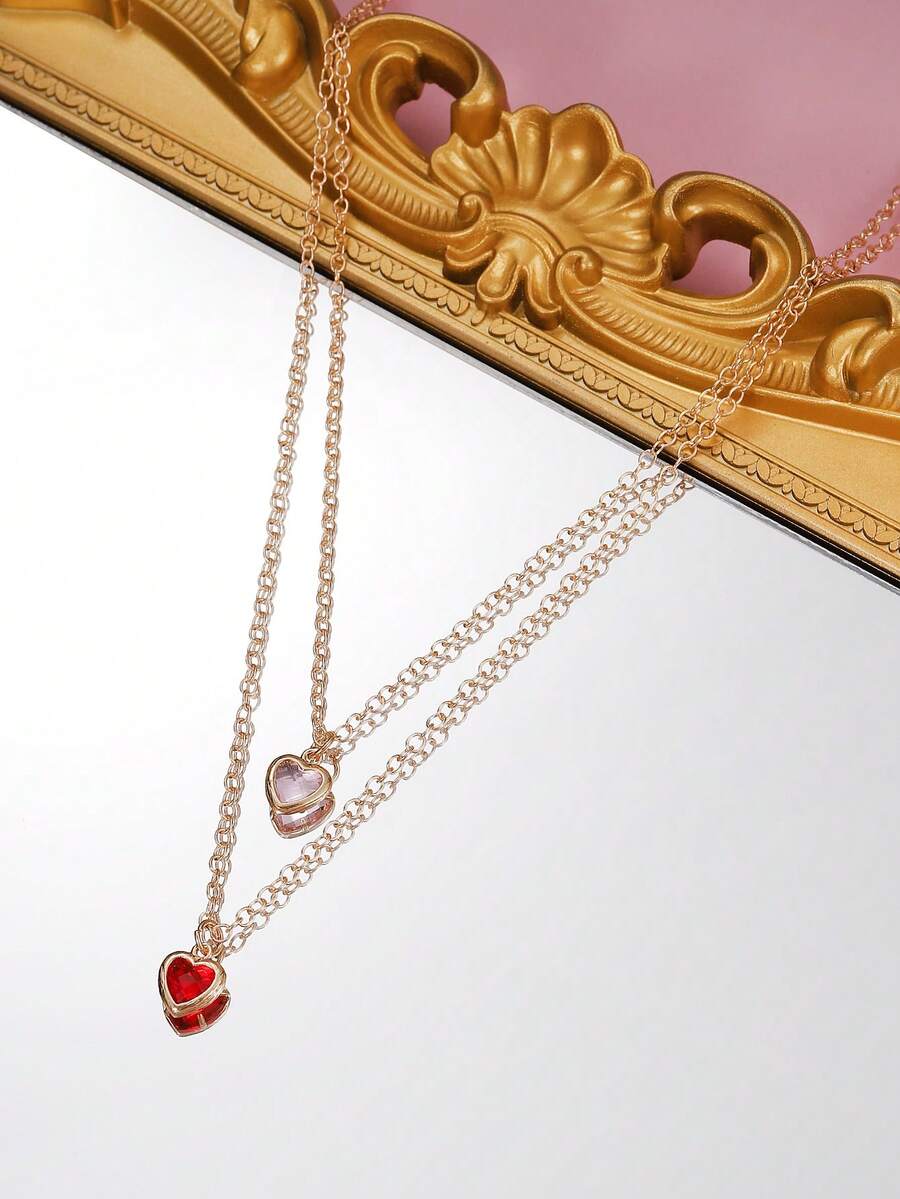 2 件钻石粉红心形吊坠项链串珠银色链条项链女士 Y2K EMO 珠宝配饰情人节礼物 - 愛心 - 查看 1