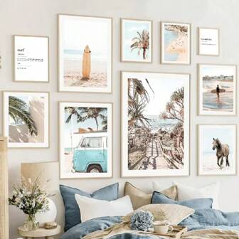 1pc Wall Arts Posters Frameless Starfish Shell Surf Girl Painting Beach Palm Tree Surfboard Canvas Print Pink Car Flamingo Wall Art Poster Pictures Home Travel Optional Frame ,Wall Art With Frame