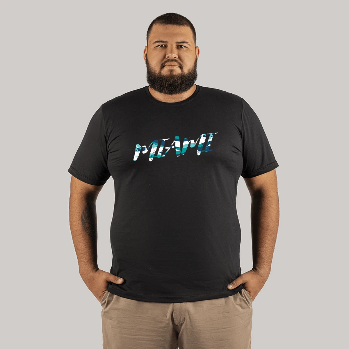 Miami Flors Streetwear Plus Size T-Shirt With Large Shape 30.1 Combed Cotton - 黑色 - 查看 1