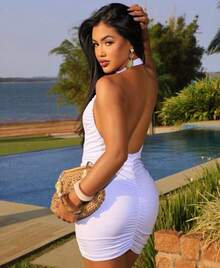 Women's Backless Dress With Tie Strap Neckline One-Shoulder Front Draped Tight-Fitting - trắng - Xem 3