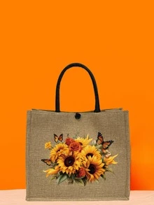 Floral Print, Lightweight Linen Bag, Portable Beach & Travel Tote, Coarse Linen Shopping Bag, Beach Travel Bag, Gift Bag For Friends, Birthday Gift - Khaki - View 4