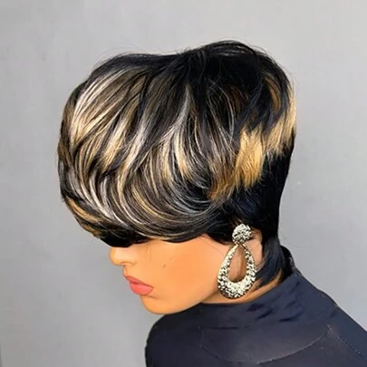 短款精灵短发假发 人发挑染 1B/30/60 180% 密度巴西雷米分层直发人发假发 女士无蕾丝机织假发 易于佩戴