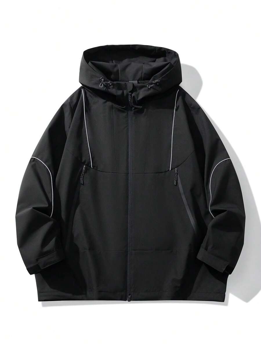 Men Plus Size Long Sleeve Hooded Jacket, Casual Short Outerwear , Fall - Black - View 1