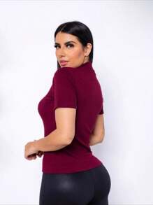 BASIC HIGH NECK RIBBED CACHARREL BLOUSE - 酒紅色 - 查看 2