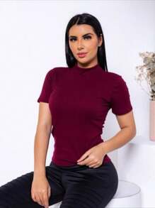 BASIC HIGH NECK RIBBED CACHARREL BLOUSE - 酒紅色 - 查看 1