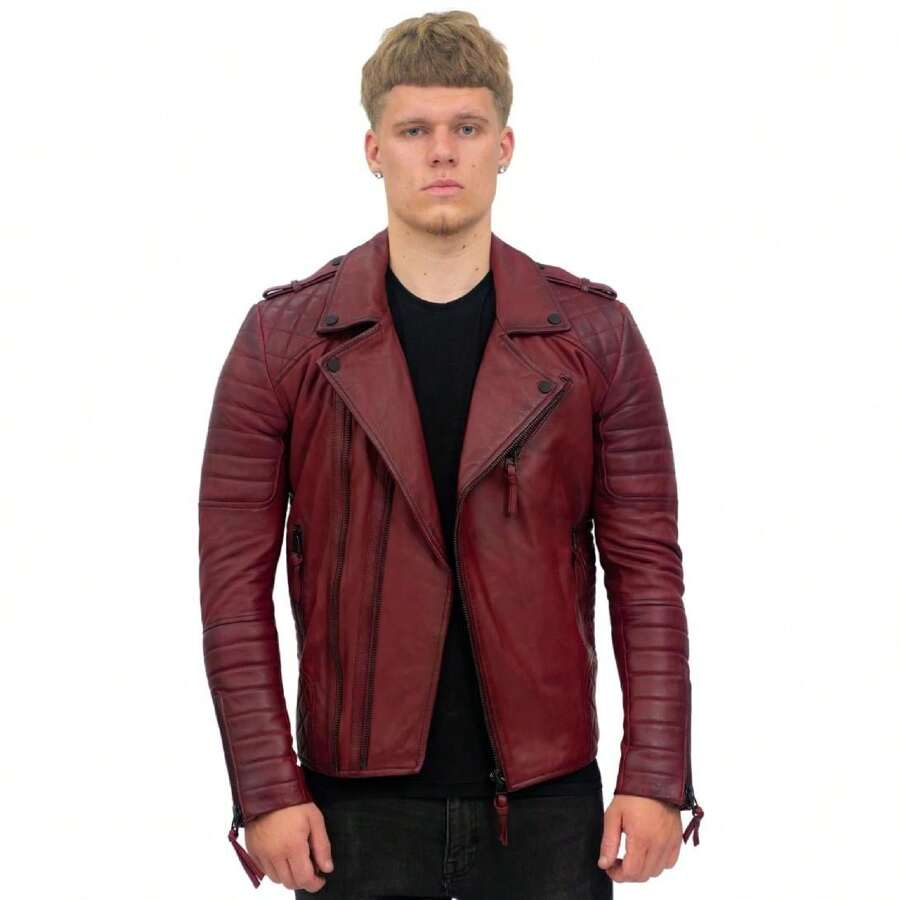 Mens Slim-Fit Double Zip Brando Leather Biker Jacket-Cairo - 酒紅色 - 查看 1