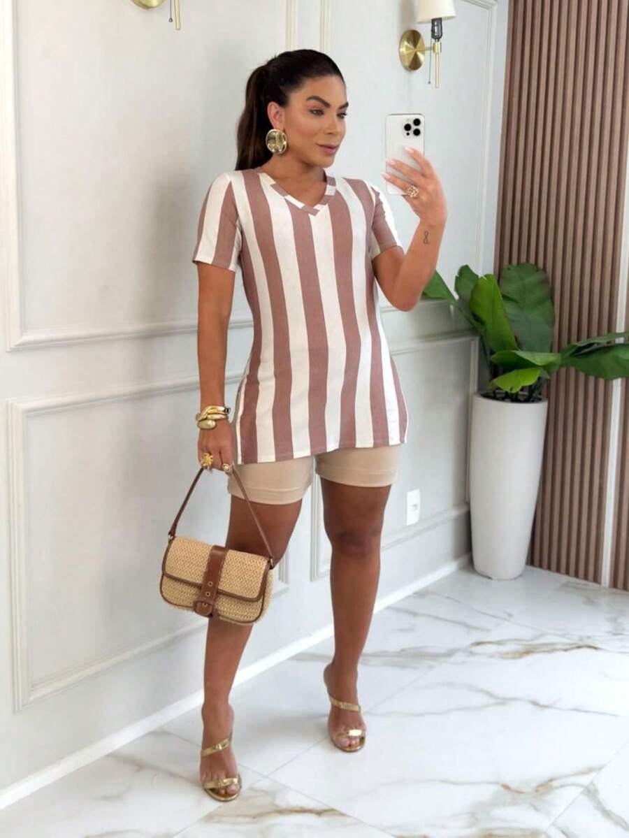 Women's Set Shorts With Pocket And Striped Vest Leg Blouse - Màu be - Xem 1