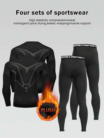 4pcs Boyfriend Style Men's Thicken Fleece Ski Set, Basic Asymmetrical Printed Sports & Outdoor Thermal Winter Suit Ski Outfits