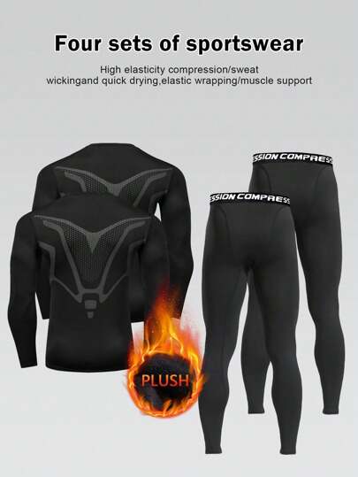 4 piezas Conjunto de esquí de estilo novio para hombres con forro polar grueso, traje térmico de deportes y exteriores básico con estampado asimétrico para el invierno