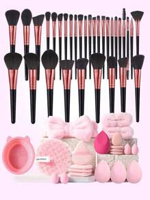 53-In-1 Makeup Tool Kit Including: 32pcs Makeup Brushes Set + 8pcs Makeup Sponges + 1pc Makeup/Wash Head Band + 2pcs Wash Wristband + 4pcs Powder Puffs + 1pc Makeup Remover Pads + 1pc Brush Cleaning Tray. Portable Makeup Tools, Suitable For Travel, Vacation, Parties. Must-Have For Summer Makeup