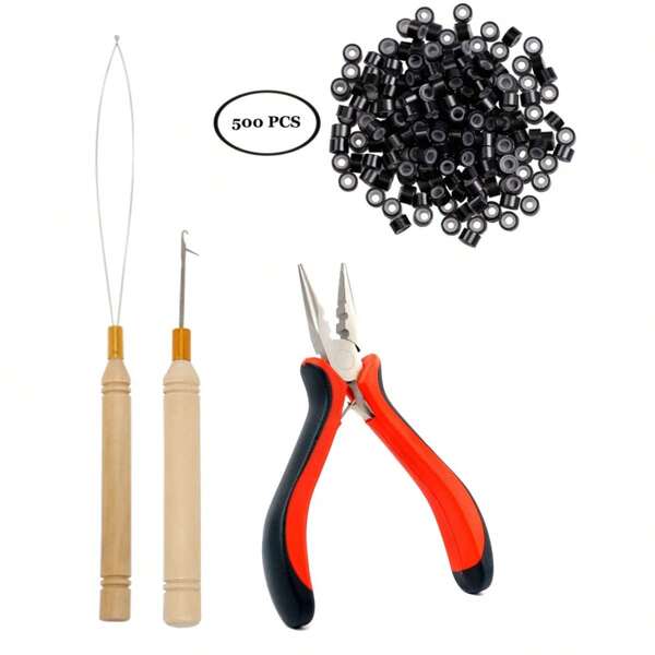 Hair Extension Remove Plier Pulling Hook Needle Loop Threader 100PCS/500 PCS Micro Silicone Rings Bead Device Tool Kits For Professional Hair Styling Tools Accessory