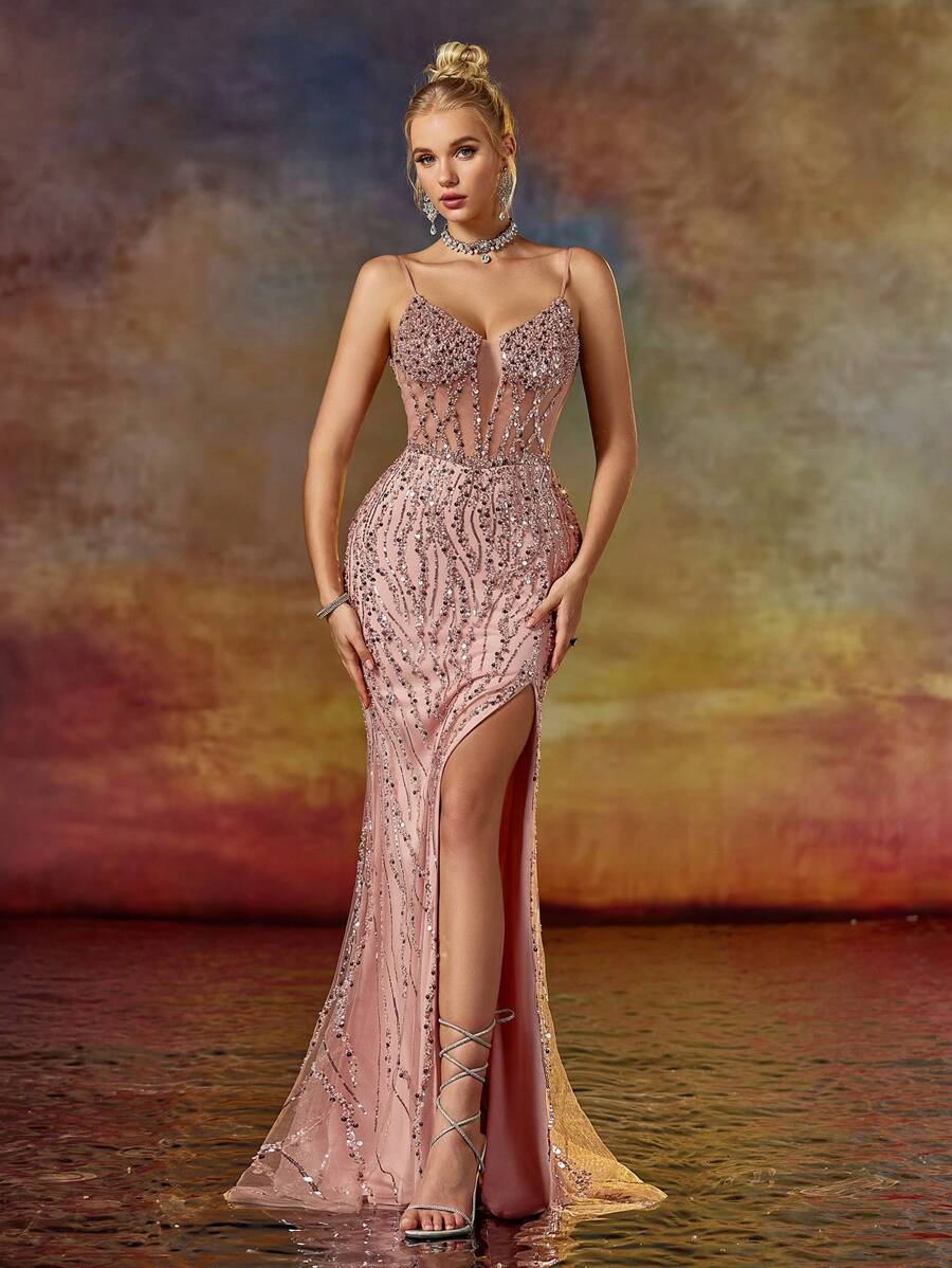 Váy dạ hội hở lưng cổ chữ V đính hạt Spaghetti cột, váy dạ hội trang trọng thanh lịch, dành cho khách dự tiệc cưới, tốt nghiệp, tiệc tối - Bụi hồng - Xem 1