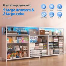 55"W White Dresser For Bedroom With Power Outlet & LED Lights 65" TV Stand For Bedroom Dresser With 9 Fabric Drawers, Sturdy Dressers For Bedroom, Closet, Entryway, Mother's Day Decor, Room Decor, Home Decor - 美規A型插(110-127V) - 查看 4