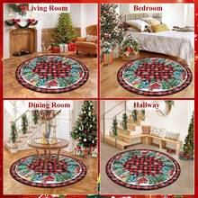 HEBE Washable 4Ft Round Christmas Area Rug Non Slip Farmhouse Round Rug For Living Room Washable Soft Circle Rugs For Bedroom Christmas Round Floor Carpet For Dining Room Xmas Holiday Decor - 紅色 - 查看 3
