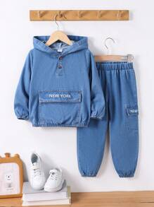 2pcs/Set Young Boy Hooded Tie Pocket Letter Print Long Sleeve Top And Elastic Waist Jeans Casual Pants Set - Medium Wash - View 1