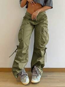 Y2K Street Flap Pocket Tape Detail Loose Casual Wear Szerokie Nogawki Spodnie cargo typu Parachute