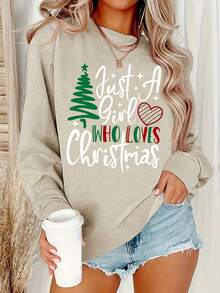 Christmas Slogan & Christmas Tree Print Crew Neck Long Sleeve Sweatshirt - Khaki - View 1