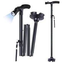 2Pza/1Pza Bastón Plegable Ajustable, Bastón Plegable con la luz Ajustables del LED, para el Viejo Hombre y Mujeres, Negro,aleación de aluminio - Negro - Ver 1