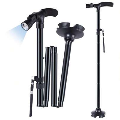 2Pza/1Pza Bastón Plegable Ajustable, Bastón Plegable con la luz Ajustables del LED, para el Viejo Hombre y Mujeres, Negro,aleación de aluminio