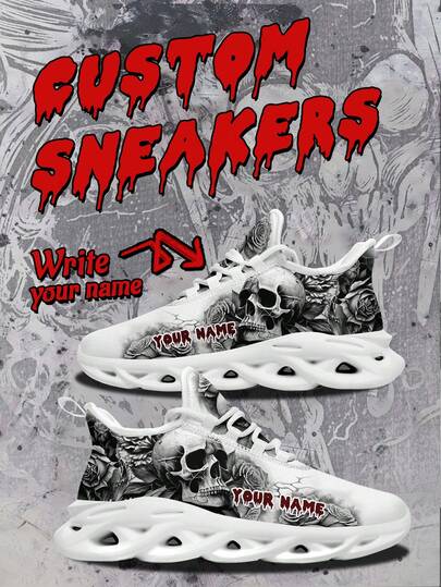 Zapatillas personalizadas para hombres en Halloween, diseño de calavera en blanco y negro con personalización de nombre, livianas y cómodas con suela suave, zapatillas de entrenamiento en el gimnasio transpirables y únicas, regalo ideal para mamá/papá/ella/él/novia/novio/esposa/esposo/amigo