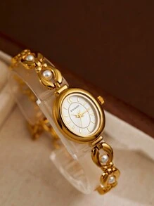 1pc Women's Gold French Retro Pearl Design Casual Watch, Suitable For Social Gatherings, Party Attendance, Daily Wear, Holiday Gift