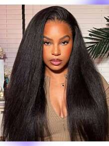 蕾丝前部人发假发 13x4 蕾丝前部假发，带婴儿头发，适合女性 Yaki 直发假发 150% 密度卷曲直发，适合所有种族 - Natural Black - 查看 5