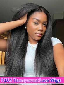 蕾丝前部人发假发 13x4 蕾丝前部假发，带婴儿头发，适合女性 Yaki 直发假发 150% 密度卷曲直发，适合所有种族 - Natural Black - 查看 3