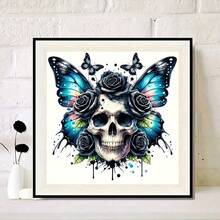 万圣节骷髅和蝴蝶钻石画套装，7.87x7.87 英寸无框 DIY 亚克力马赛克艺术，圆形全钻工艺套装适用于家居墙面装饰 - 彩色 - 查看 4