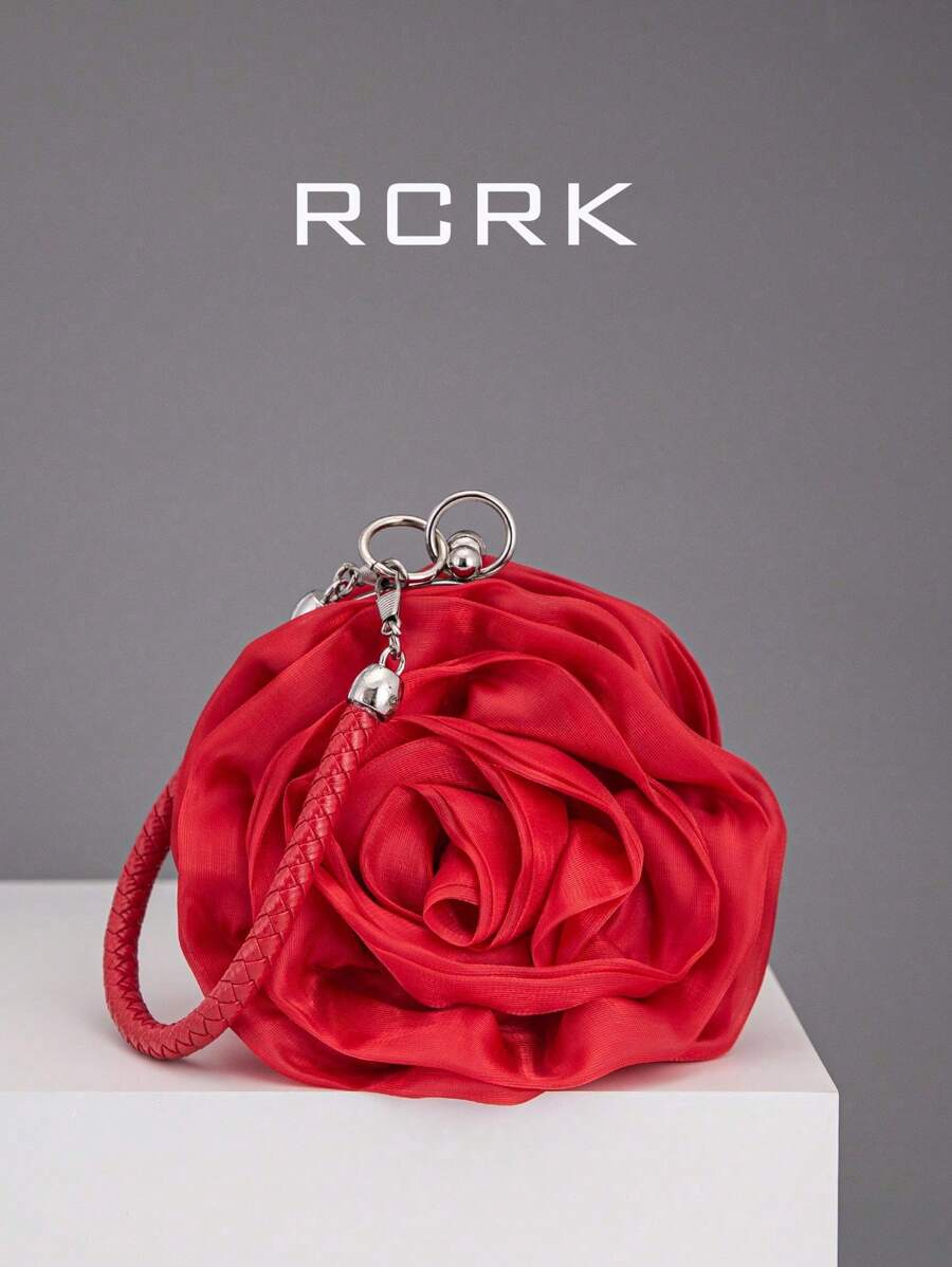 玫瑰形女士晚宴包手拿包 CLARA 女士玫瑰花手拿包绸缎手提包婚礼晚会包新奇礼物 - 酒紅色 - 查看 1