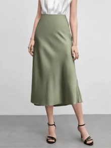 缎面玫瑰贴花高腰铅笔裙 - 綠色 - 查看 2