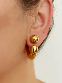 2 件时尚波西米亚巴洛克风格中号 C 形防过敏耳钉，适合女士礼物/日常佩戴 - 金黃色 - 查看 2