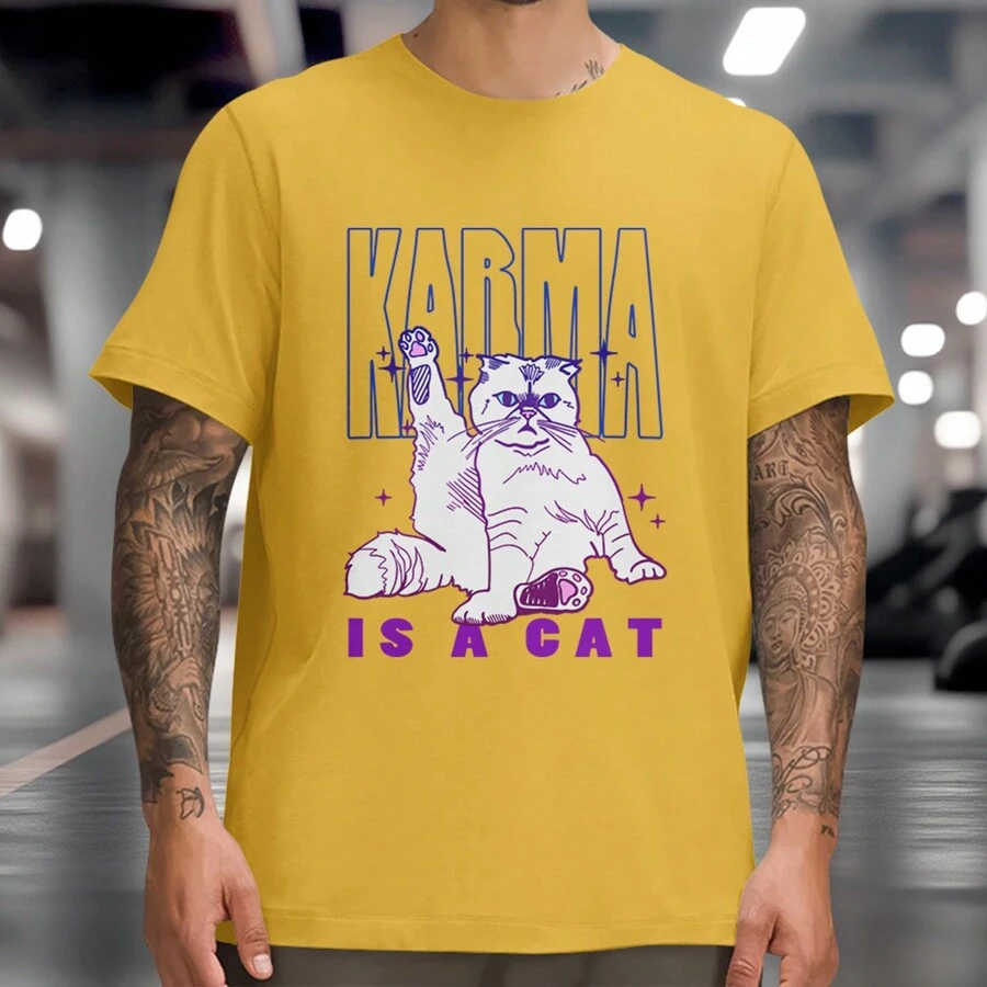 Karma Is A Cat Casual T-Shirt Geek Cat Shirt Round Neck 100% Cotton - 黃色 - 查看 1