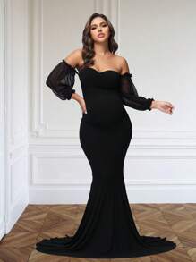 JustVH Maternity V-Neck Off-Shoulder Mermaid Hem Dress Mesh Puff Sleeves Maxi Gown For Photoshoot Baby Shower