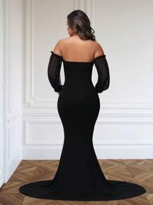 JustVH Maternity V-Neck Off-Shoulder Mermaid Hem Dress Mesh Puff Sleeves Maxi Gown For Photoshoot Baby Shower