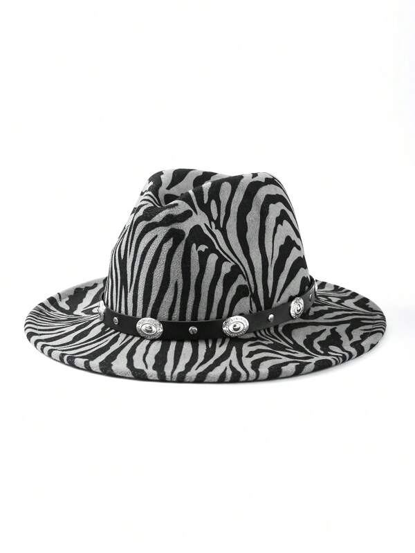 1pc Polyester Leather Metallic Decor Casual Bohemian Party Zebra Pattern Felt Hat, Soft Fedora, Jazz Cap, Flat Top Hat, Unisex Fashion Commute, Autumn/Winter